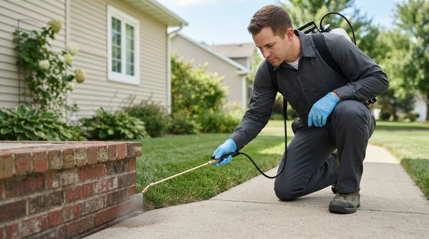 Pest control technician treating a home near Plumerville, AR