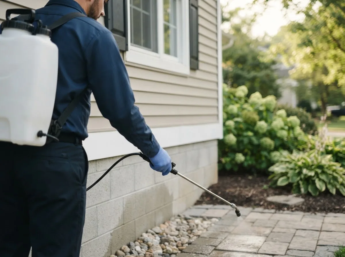 Pest control technician inspecting a home in Plumerville, AR